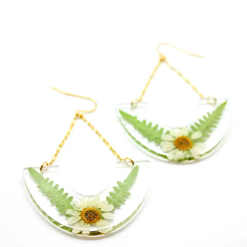 Pressed Flower Earrings - Chamomile & Fern | Clear | Dangle Arch Earrings - Cast & Clover - Wild Lark