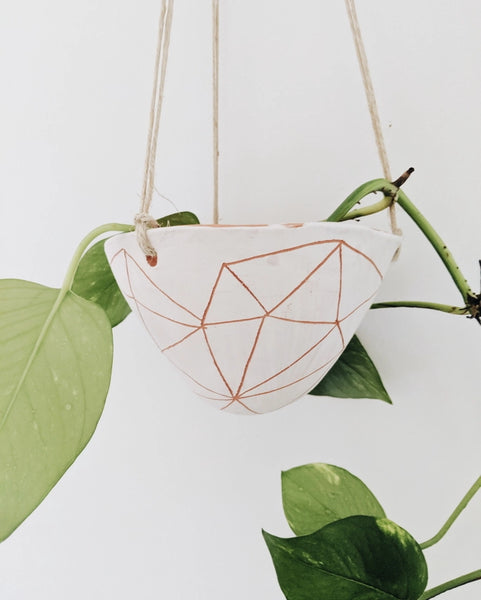 Hanging Planter - Geotriangle Hanging Planter in White & Terracotta 5" - Half Light Honey - Wild Lark