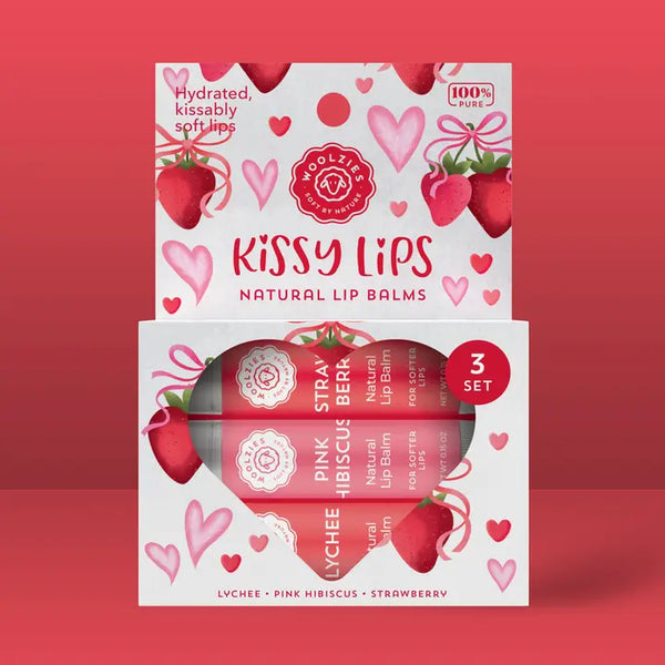 Lip Balm Trio - Kissy Lips - Lychee Pink Hibiscus Strawberry - Woolzies - Wild Lark