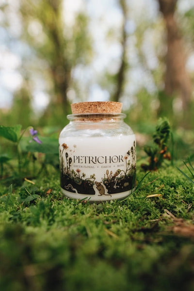 8oz Apothecary Organic Soy Wood Wick Candle - Petrichor - Green Floral, Earth, Moss - Fablewood Goods - Wild Lark