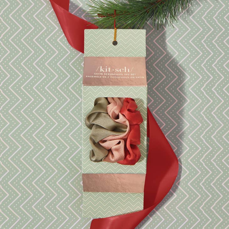 Holiday Ornament Satin Scrunchies 3pc Set- Pinksettia -  - KITSCH - Wild Lark