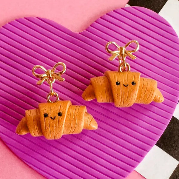 Food-themed Polymer Clay Earrings - Krissy Croissant Posts - Larry's Waffle Shop - Wild Lark