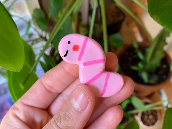 Hand Painted Clay Hair Clip - Pink Worm - Howdy Ceramics - Wild Lark