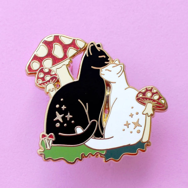 Enamel Pins - Cuddling Cats with Mushrooms - Glitter Punk - Wild Lark