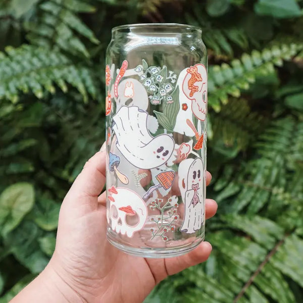 Spooky Garden 20 oz. Can Glass| Ghosts, skulls & mushrooms - - Cheerware - Wild Lark