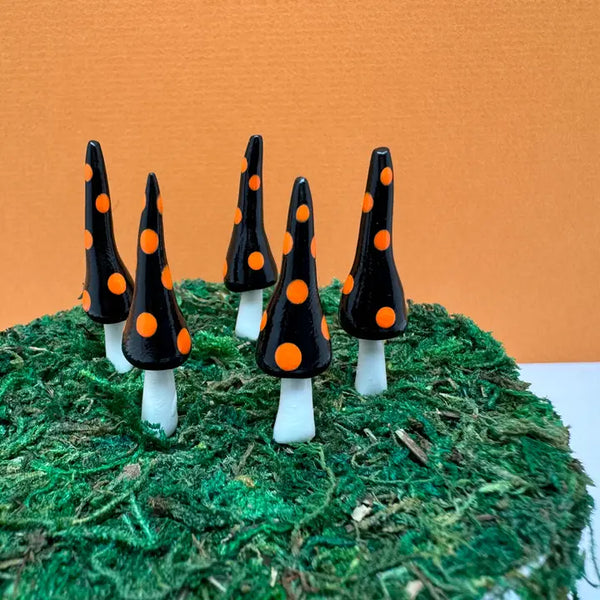 Fairy Garden Mushroom Gnome-style Plant Pick - Halloween - Black with Orange Dots - Mystical Woodlands - Wild Lark