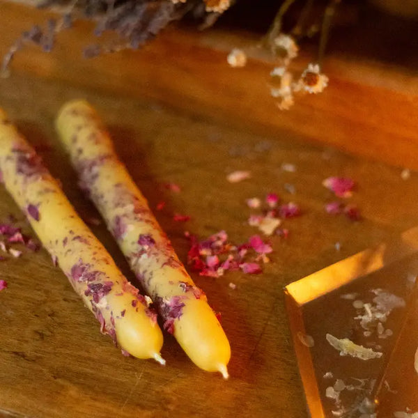 Hand Dipped Beeswax Taper Candle with Rose Petals -  - The Ramblin' Bee - Wild Lark