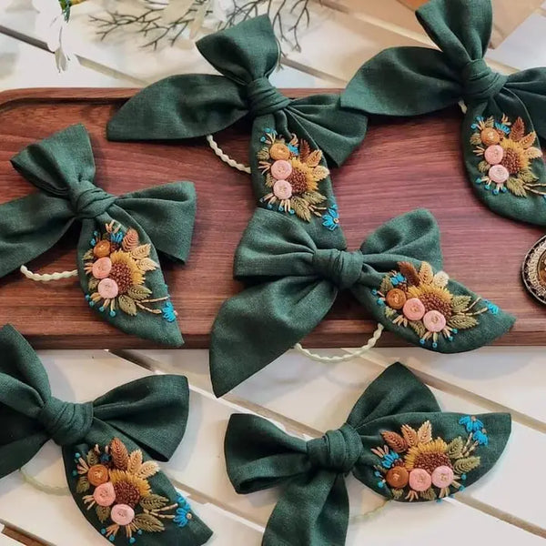 Embroidered Hair Bow - Bouquet Green - Quince Fables - Wild Lark