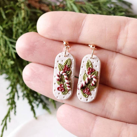 Winter Candy Cane Holly Leaf Christmas Clay Dangle Earrings -  - Foxy Methods - Wild Lark
