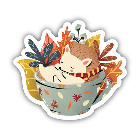 Cozy Hedgehog in Cup with Autumn Leaves Sticker -  - Big Moods - Wild Lark