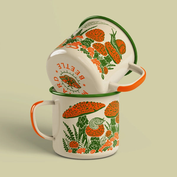 Enamel Camp Mug - Toad & Mushrooms - Mustard Beetle - Wild Lark