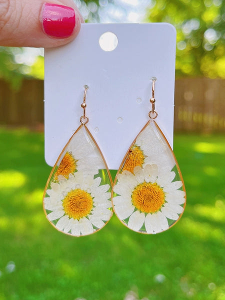 Handmade Earrings - Pressed Daisy Flower Teardrop Earrings - Daisy Moon by Hillerland - Wild Lark