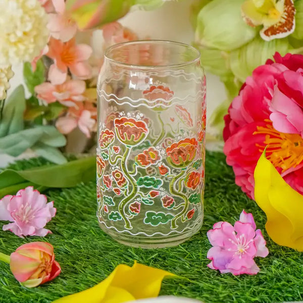 Pretty Poppy 16 oz. Can Glass| Stained Glass Flower Design - - Cheerware - Wild Lark