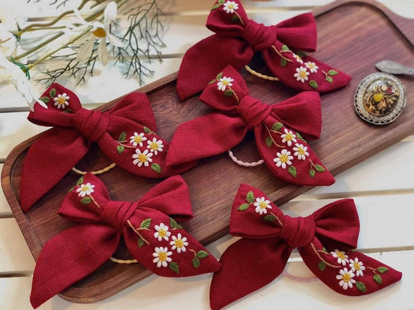 Embroidered Hair Bow - Daisy Red - Quince Fables - Wild Lark