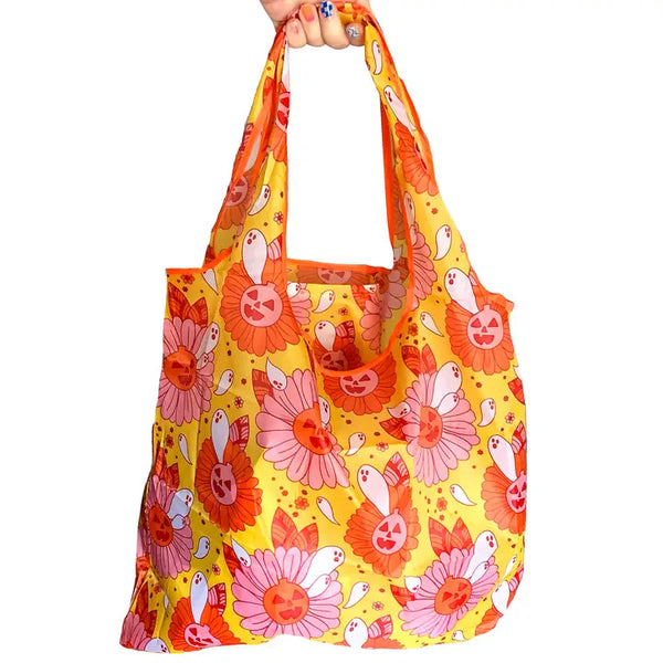 Spooky Retro Ghost Floral Fold-Up Reusable Grocery Bag - - Krystan Saint Cat - Wild Lark