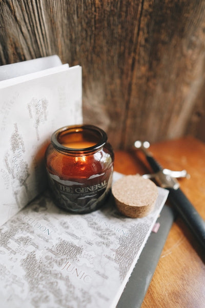 8oz Apothecary Organic Soy Wood Wick Candle - The General - Mountain Pine, Whiskey, Leather - Fablewood Goods - Wild Lark