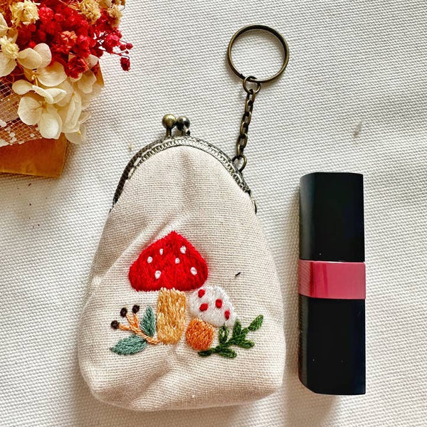 Floral Embroidered Keychain Pouch - Mushroom Garden - Quince Fables - Wild Lark