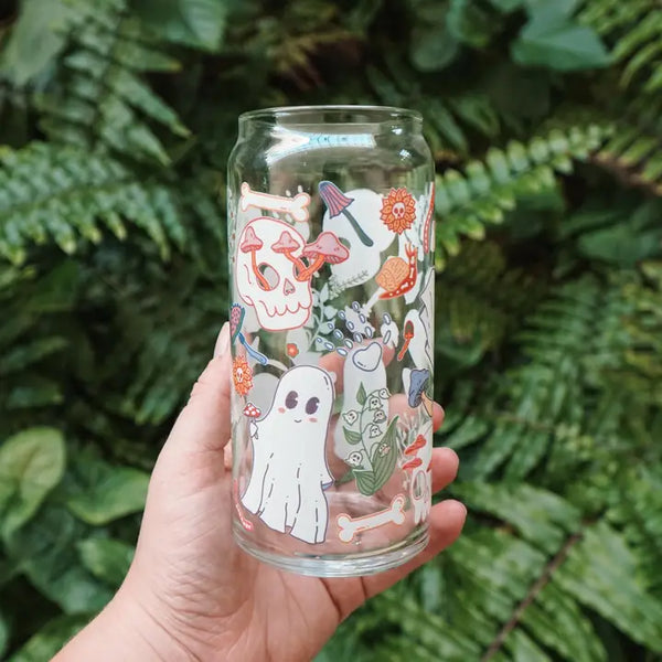 Spooky Garden 20 oz. Can Glass| Ghosts, skulls & mushrooms - - Cheerware - Wild Lark