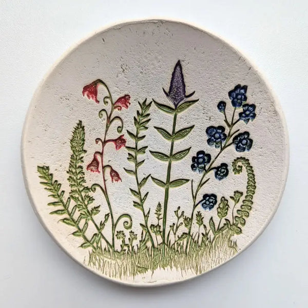 Large Wildflower Scene Pottery Dish Bowl - - Walton Clay Studio - Wild Lark