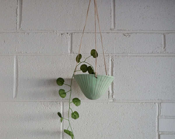 Hanging Planter - Vertical Line Hanging Planter in Green & Terracotta 5" - Half Light Honey - Wild Lark