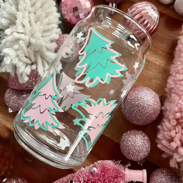 Boho Sips Glass Cups 16 oz - Pastel Christmas Trees - Boho Sips - Wild Lark