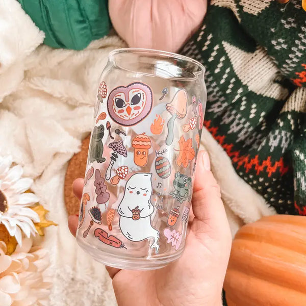 Sale! Haunted Forest Can Glass| Ghosts, owls, toads & acorns - - Cheerware - Wild Lark