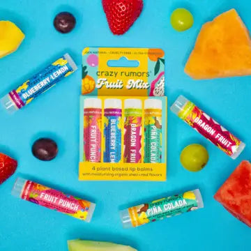 4 Pack Lip Balm by Crazy Rumors - Fruit Mix 4 Pack - Fruit Punch Blueberry Lemon Dragon Fruit Piña Colada - Crazy Rumors - Wild Lark