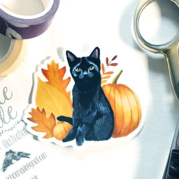 Black Cat and Pumpkins Sticker -  - michele maule - Wild Lark