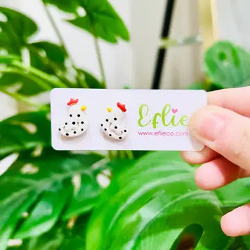 Chicken Mini Studs Clay Earrings - White with Dots - Eflie - Wild Lark