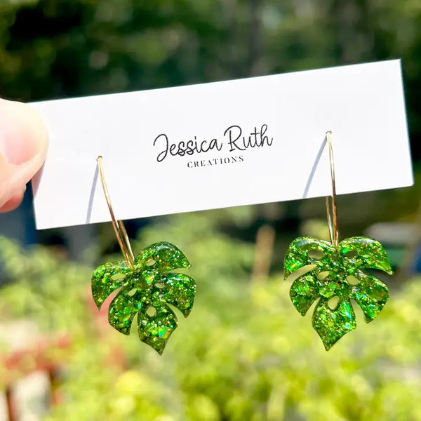 Earrings - Jessica Ruth Creations - Sparkly Monstera Dangle Hoop Earrings - Jessica Ruth Creations - Wild Lark