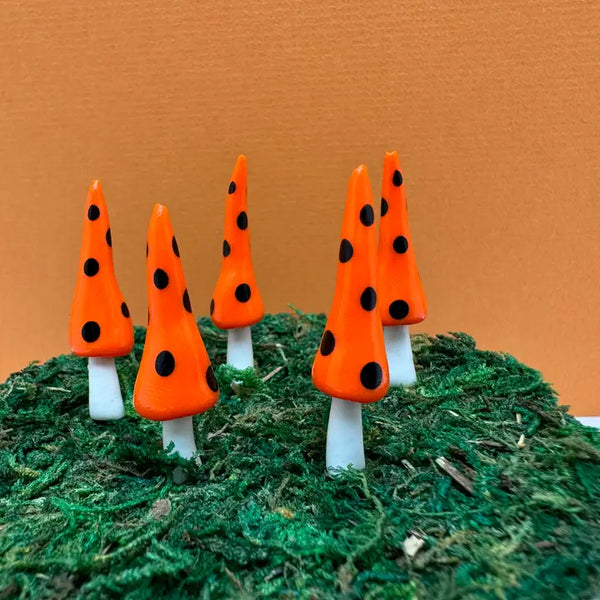 Fairy Garden Mushroom Gnome-style Plant Pick - Halloween - Orange with Black Dots - Mystical Woodlands - Wild Lark