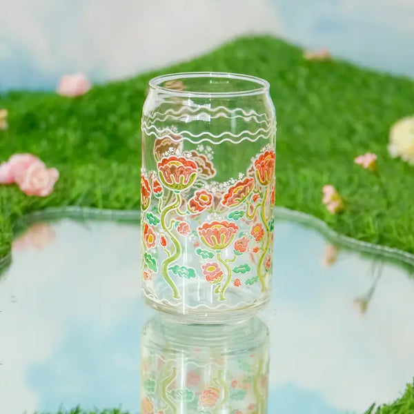 Pretty Poppy 16 oz. Can Glass| Stained Glass Flower Design - - Cheerware - Wild Lark