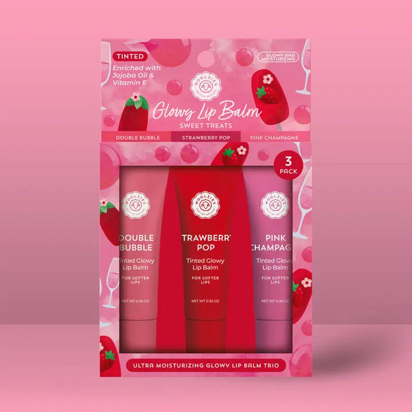 Tinted Lip Balm Tubes Trio - Glowy Sweet Treats - Double Bubble Strawberry Pop Pink Champagne - Woolzies - Wild Lark
