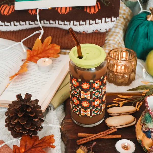 Sale! Autumn Quilt 20 oz. Can Glass| Cozy, Fall, Woodland Forest - - Cheerware - Wild Lark