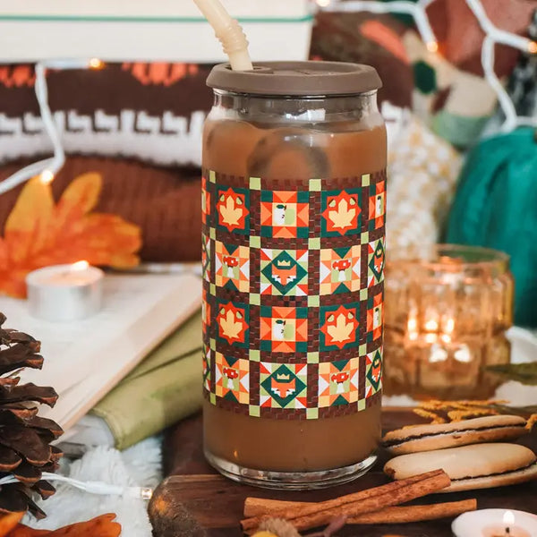 Sale! Autumn Quilt 20 oz. Can Glass| Cozy, Fall, Woodland Forest - - Cheerware - Wild Lark