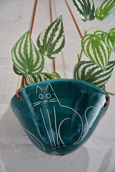 Hanging Planter - Kitty - 6" Diameter Hanging Planter - Glazed Teal Green & White Clay - Half Light Honey - Wild Lark