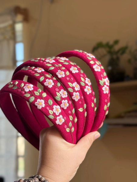Summer Floral Embroidered Headband - Sakura Embroidered Red - Quince Fables - Wild Lark