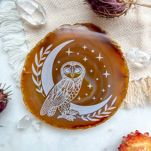 "Owl" Halloween Decor Engraved Agate Slice Gemstone Crystal -  - Fractalista Designs - Wild Lark