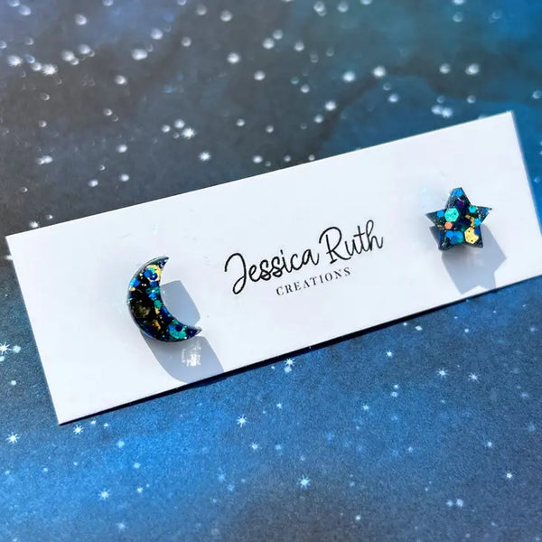 Earrings - Jessica Ruth Creations - Small Moon & Stars Studs - Jessica Ruth Creations - Wild Lark
