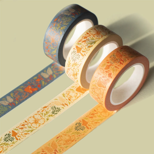 Washi Tape Roll 1/2" - Floral Poppies Mushrooms Peach - Mustard Beetle - Wild Lark