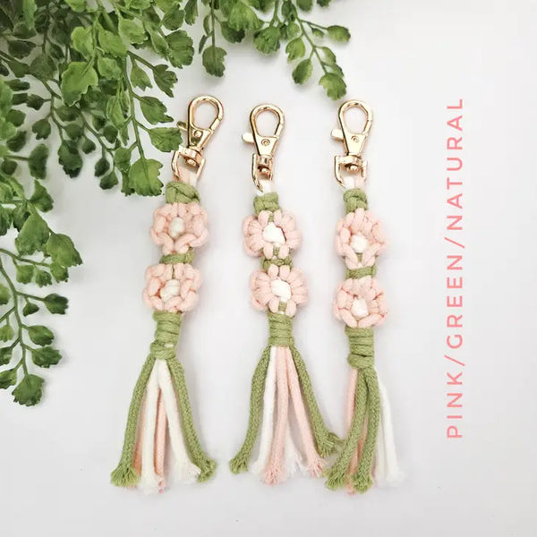 Macrame Flower Keychains - pink/green/natural - Cord & Quartz - Wild Lark