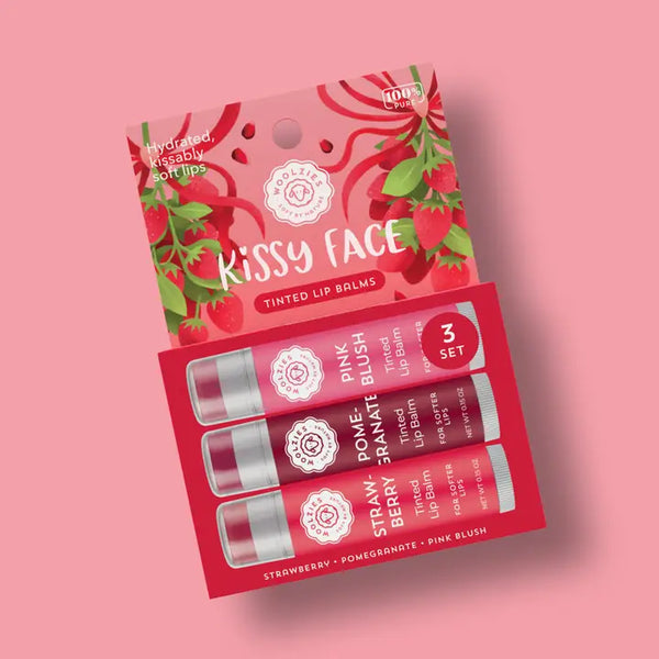 Lip Balm Trio - Kissy Face (Tinted) - Strawberry Pomegranate Pink Blush - Woolzies - Wild Lark