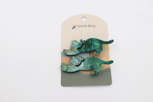 Cat Hair Clips - Green Stretching Cat - Sparkle Being - Wild Lark