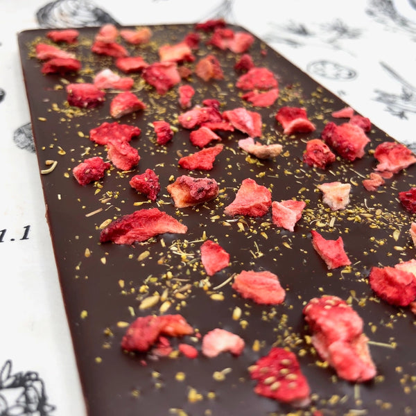 71% Organic Chocolate Bar w/ Fennel Pollen & Strawberries - - Farmhouse Chocolates - Wild Lark