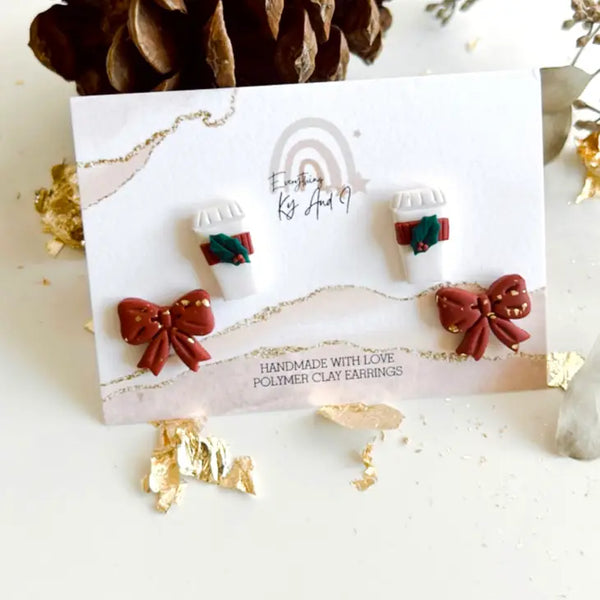 Polymer Clay Earrings - Winter Holly Coffee and Golden Red Bow Studs - Everything Ky and I - Wild Lark