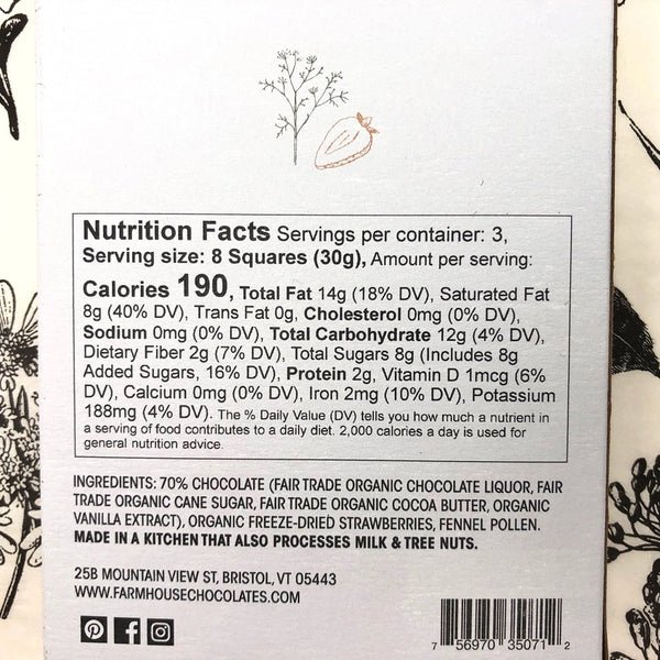 71% Organic Chocolate Bar w/ Fennel Pollen & Strawberries - - Farmhouse Chocolates - Wild Lark