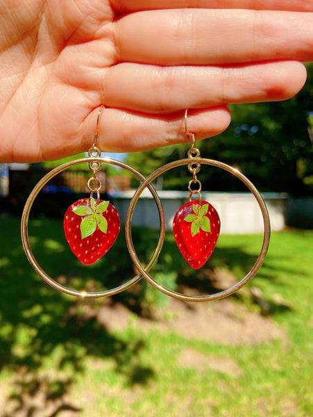 Handmade Earrings - Real Strawberry Hoop Earrings - Daisy Moon by Hillerland - Wild Lark