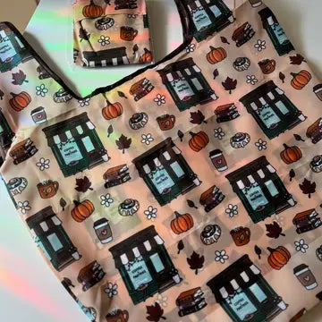 Book Themed Reusable Shopping Bag w/ Fold-Up Pouch - Cozy Autumn Bookish - CrescentCat Co. - Wild Lark