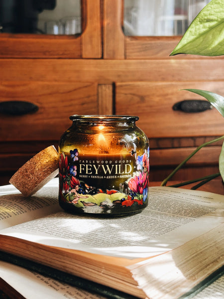 8oz Apothecary Organic Soy Wood Wick Candle - Feywild - Berry, Vanilla, Amber, Saffron - Fablewood Goods - Wild Lark
