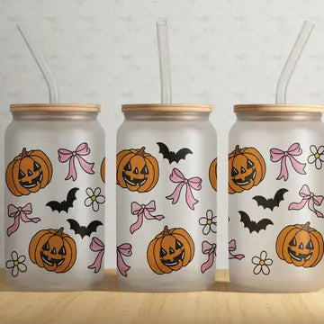 Sale! Frosted Can Glass - Pumpkins & Bows - Sonny Rising - Wild Lark